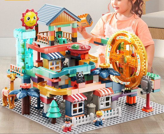 Thumbnail van een extra afbeelding van het spel Knikkerbaan 322 delig met Eektronische Motor en Bouwplaat- Zonstad - Mijn Eerste Knikkerbaan Creaties - Baanelementenset - Bouwblokken Voordeelverpakking - Bouwstenen compatibel met Duplo - Grote Bouwstenen