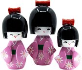 Kokeshi Doll - Japanse Houten Poppen - Roze - Set van 3 Kimmidolls - Geluksbrenger