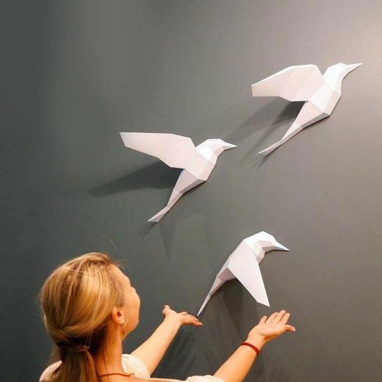 Foto: 3d papercraft kit vogeltjes compleet knutselpakket met snijmat liniaal vouwbeen mesje set van 3 wit