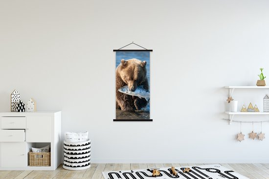 Porte-affiche avec affiche - Affiche scolaire - Ours - Marron - Poisson - 60x120 cm - Lattes noires