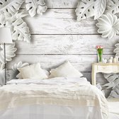 Zelfklevend fotobehang - Houten planken met witte bloemen, Premium print