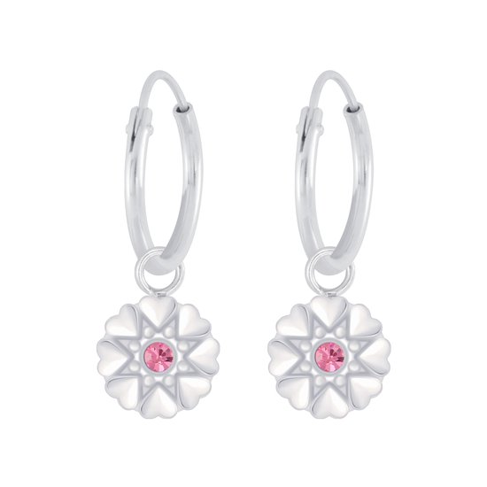 Joy|S - Zilveren hartjes bloem bedel rond oorbellen - oorringen - kristal roze
