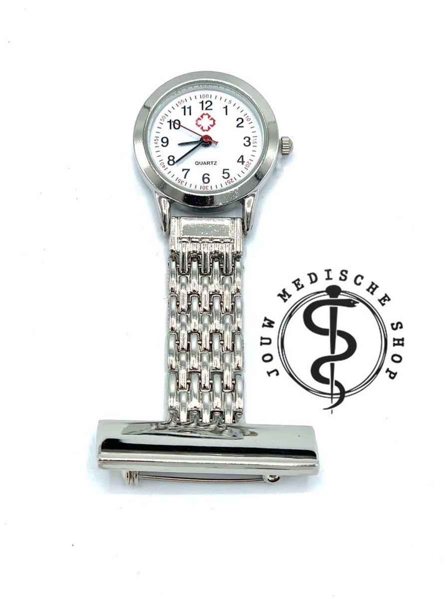 Jouw medische shop - Verpleegsterhorloge - nurse watch - Model 1 - zusterhorloge - horloge - zilverkleurig - metaal - montre d'infirmière - cadeau - verpleegkundige - dokter - geneeskunde - verpleegkunde