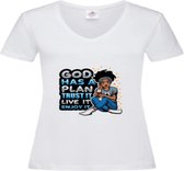 Stedman - Tshirt Dames opdruk- God Has A Plan - Dames -V-hals - Medium