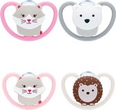 NUK - space night fopspenen set - fopspeen geeft licht in donker - 2 stuks fopspenen voor 0 tot 6 maanden 2 stuks fopspenen voor 6 tot 18 maanden - roze en grijs - set bestaat uit