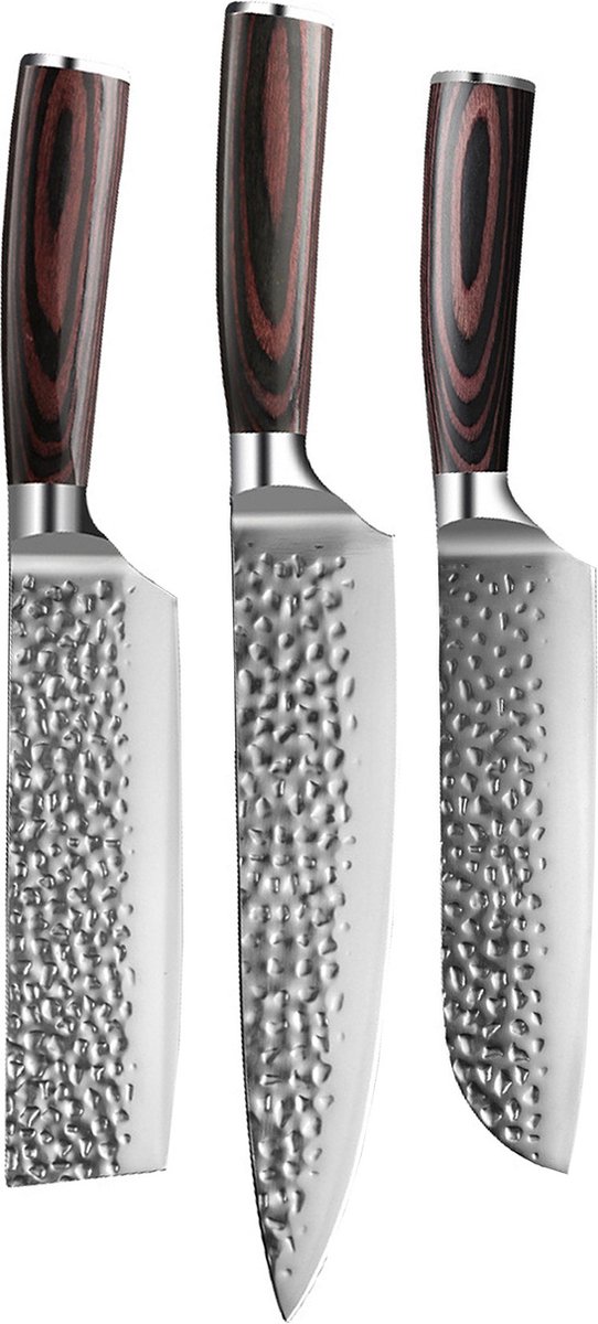 Shinrai Japan - Messenset - 3 delig - Koksmes - Japanse Mes - Set Messen - Hammered RVS - Met Luxe Geschenkdoos