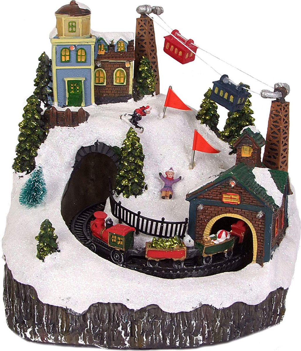 Monkey's Winterlandschap - Trein en Muziek - Kersttrein - Kerstdorp - Verlichting - Kerstmis - Kerstdecoratie - 22 x 21 x 17 cm