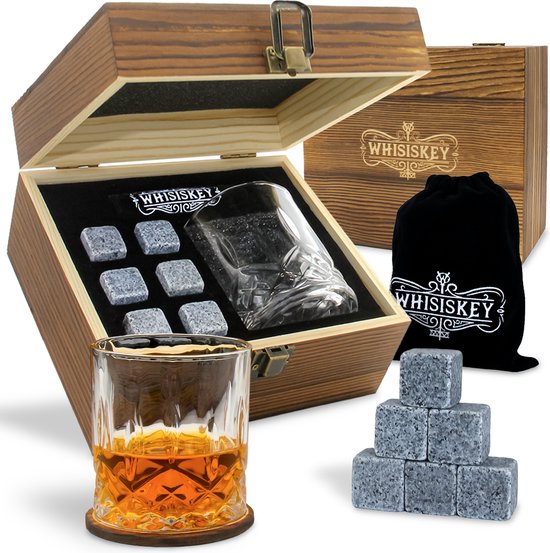 Whisiskey Luxe Whiskey Set - Incl. Whiskey Glas, 6 Whiskey Stones, Onderzetter, Fluwelen Opbergzak, Opbergbox - Whisky Cadeauset - Accessoires - Herbruikbare IJsblokjes - Natuursteen Whiskey Stenen Voor Glazen - Ice Cube - Cadeau voor Man Vrouw