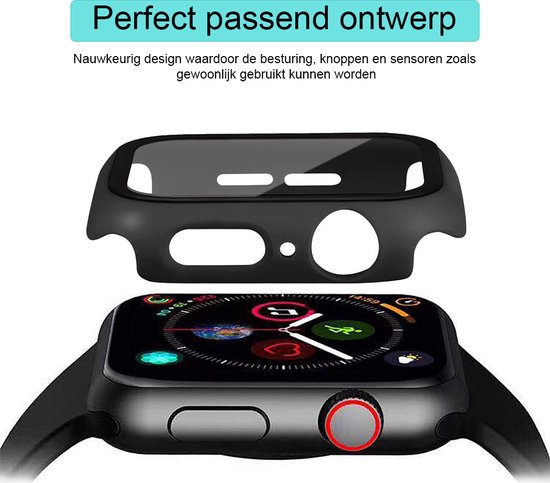 Zwarte Apple Watch beschermhoes en screenprotector, getoond naast een Apple Watch.