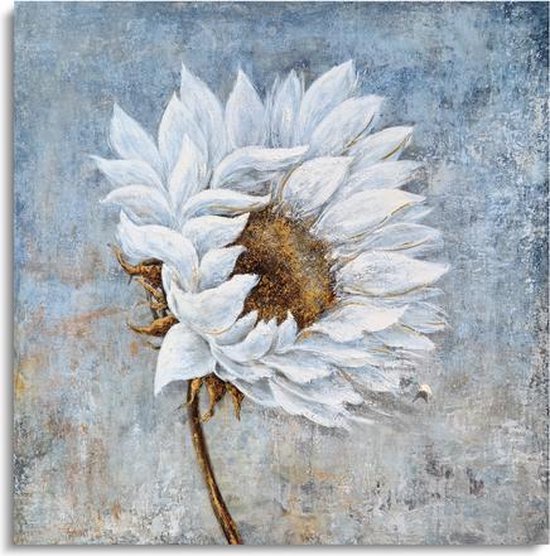 Schilderij witte bloem 75 x75 - Artello - handgeschilderd schilderij met signatuur - schilderijen woonkamer - wanddecoratie - 700+ collectie Artello schilderijenkunst