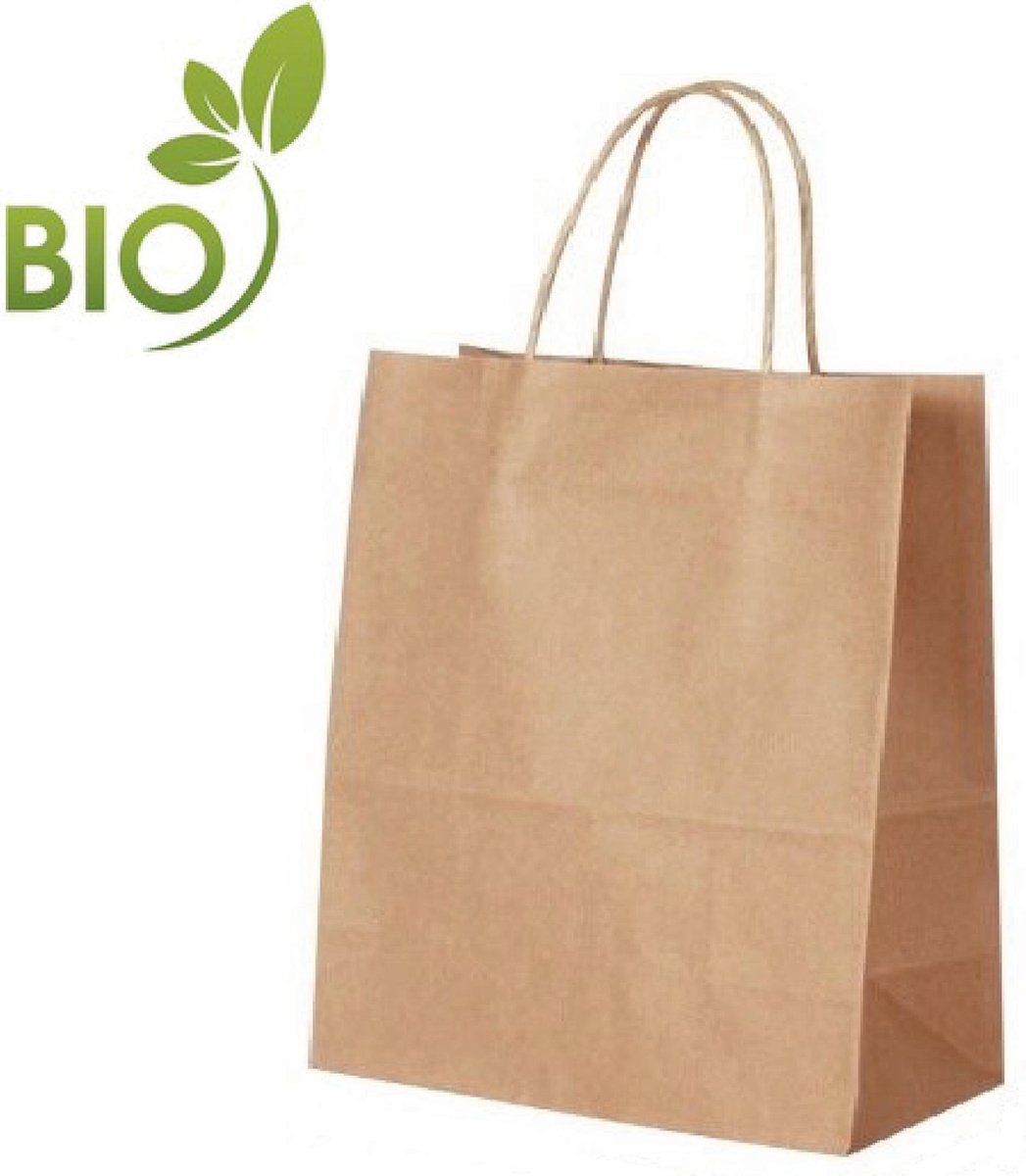 Papieren tasjes 50 stuks BIO - Draagtas - 18x8x24cm - Bruin