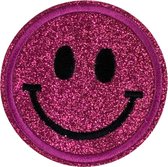 Smiley Emoji Strijk Embleem Patch Glitter Fuchsia Roze 6.4 cm / 6.4 cm / Roze Zwart