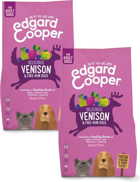 Twee roze zakken Edgard & Cooper hondenvoer met hert, fruit en honden. "Delicious Venison & Free-Run Duck".