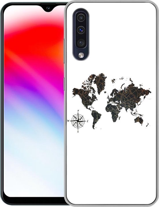 Telefoonhoesje Geschikt voor Samsung Galaxy A50 hoesje - Wereldkaart - Goud - Zwart - Windroos - Siliconen Telefoonhoesje Telefoonhoesje