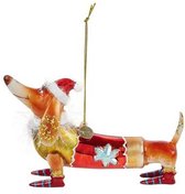 Ornament glass dachshund with christmas hat brown H9.5cm