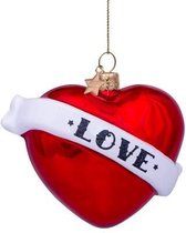 Ornament glass red pearl heart w/text love H8.5cm