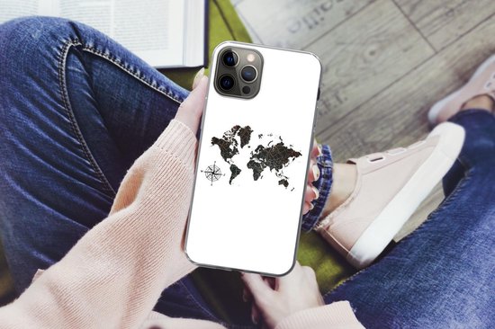 Coque iPhone 13 Pro - Wereldkaart - Or - Zwart - Rose des Vents - Siliconen