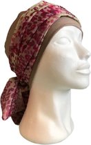 Softies - Chemo mutsje - Cap met vaste sjaal - Taupe met print
