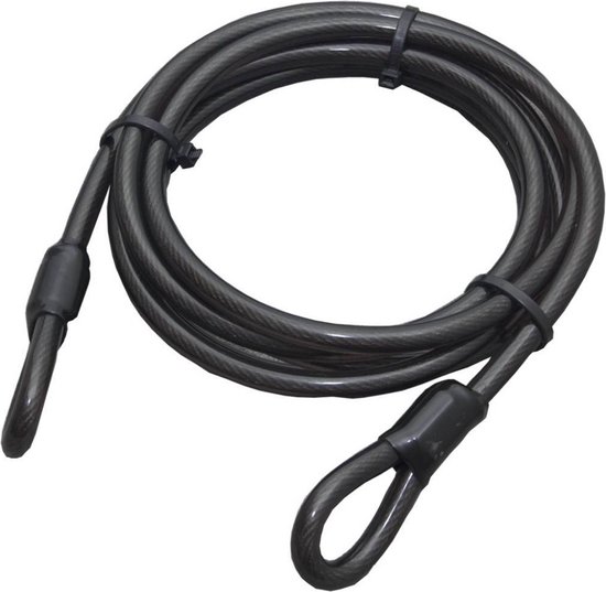 Zwarte staalkabel met lussen, opgerold. Merk: Stahlex.