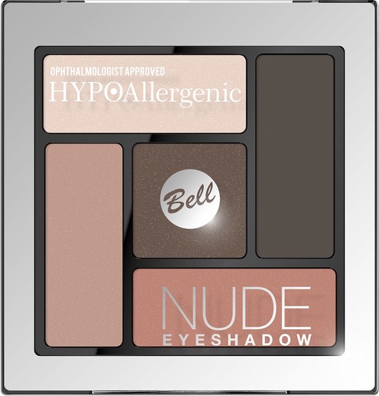 Bell Hypoallergenic Nude Oogschaduw palette met 5 satijncrème kleuren: lichtroze, perzik, bruin en donkerbruin. Tekst 'NUDE EYESHADOW'.