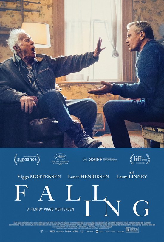 Film poster: Twee mannen zitten tegenover elkaar, de ene gebaart met zijn hand. Logo's van filmfestivals onderaan.
