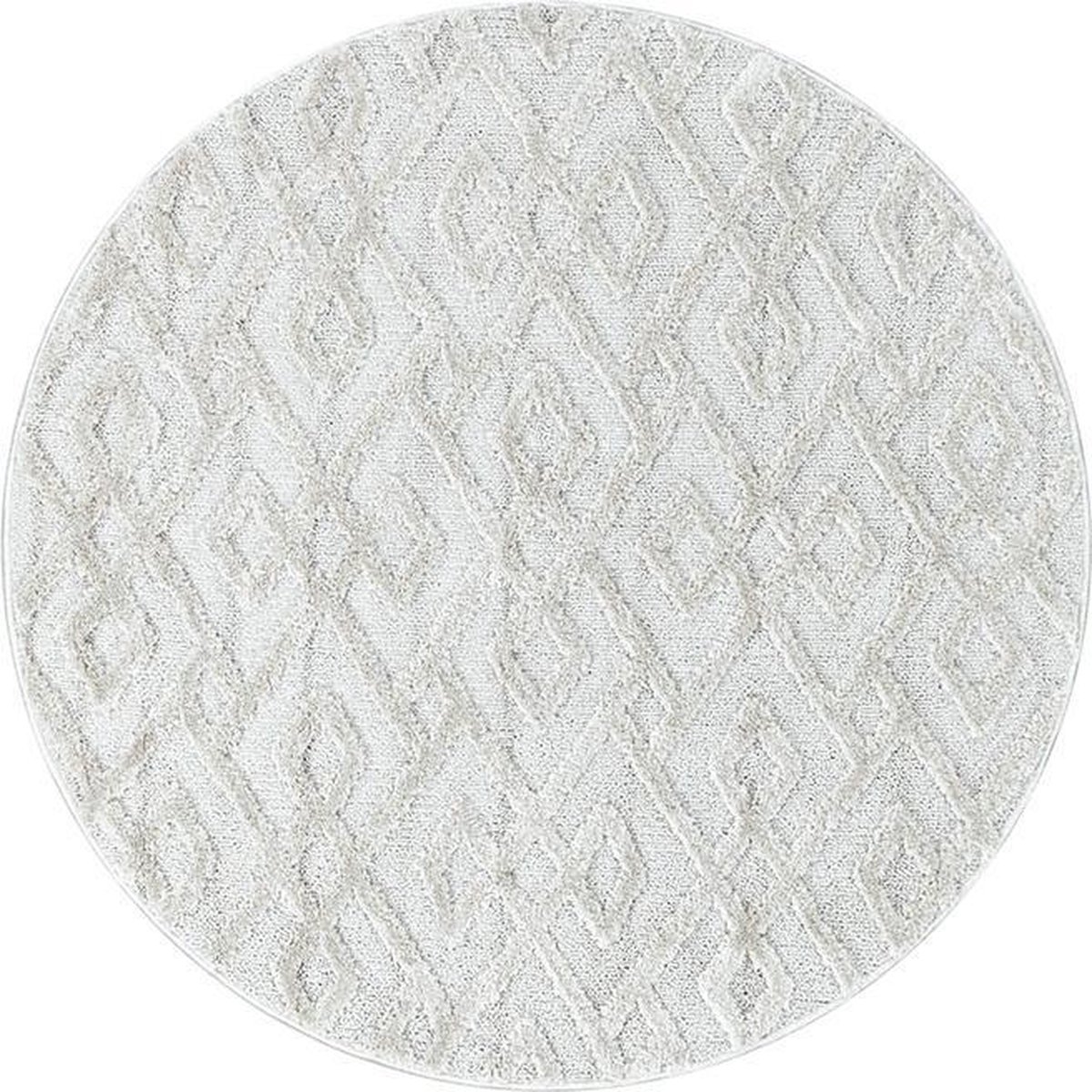 Ayyildiz Hoogpolig vloerkleed met geometrisch patroon, crèmekleur, geschikt voor de woonkamer, met jute achterkant, rond formaat: 80 cm.