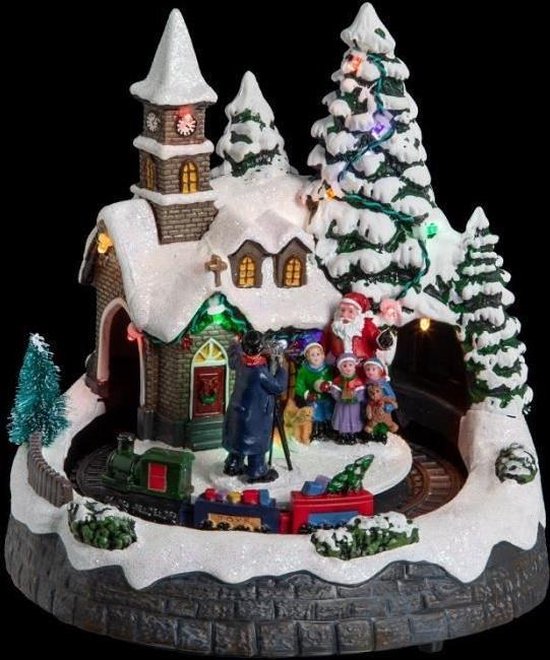 Magisch Kerstdorp kerk: Geanimeerd en Lichtgevend Met Kerstman, Koor, Kerk, Trein en Betoverde Kerstbomen
