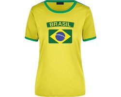 Brasil geel/groen ringer t-shirt Brazilie met vlag - dames - landen shirt - Braziliaanse fan / supporter kleding XL