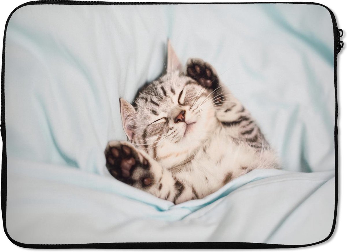 Laptophoes 13 inch - Kitten - Bed - Poten - Meisjes - Kinderen - Jongens - Kind - Laptop sleeve - Binnenmaat 32x22,5 cm - Zwarte achterkant