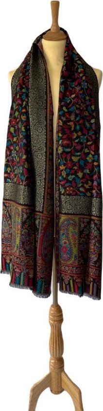 Dames sjaal Zari - luxe sjaal zwart met meerkleurig Kani patroon