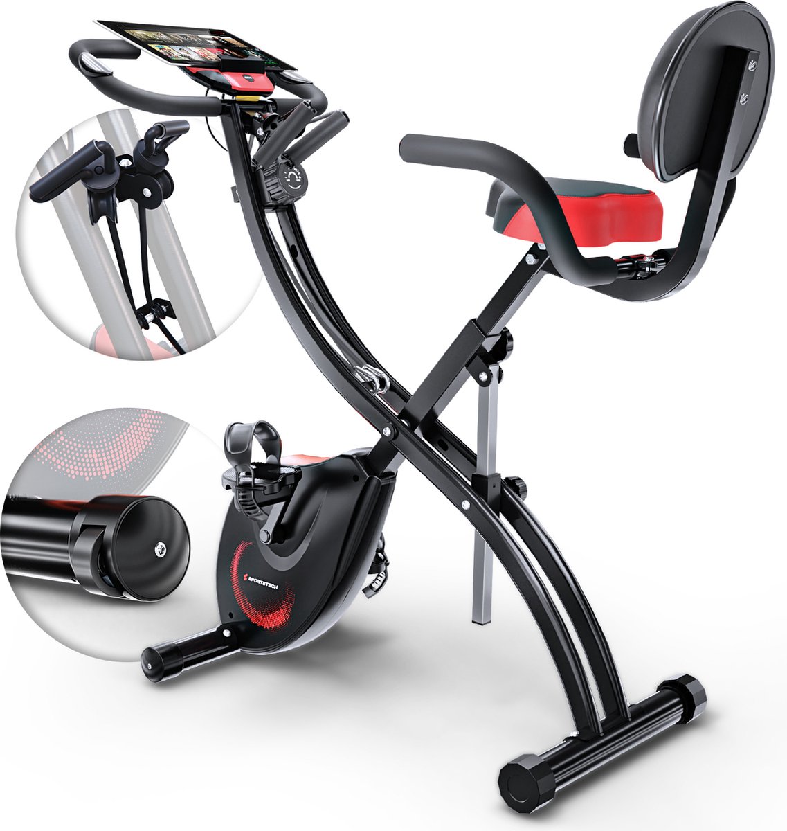 Sportstech 3in1 Premium hometrainer met video evenementen & multiplayer app | Fiets met comfort zadel & hand polssensors | Ergometer voor thuis inklapbaar | Fitness Power Ropes | Hometrainer X150 Bike