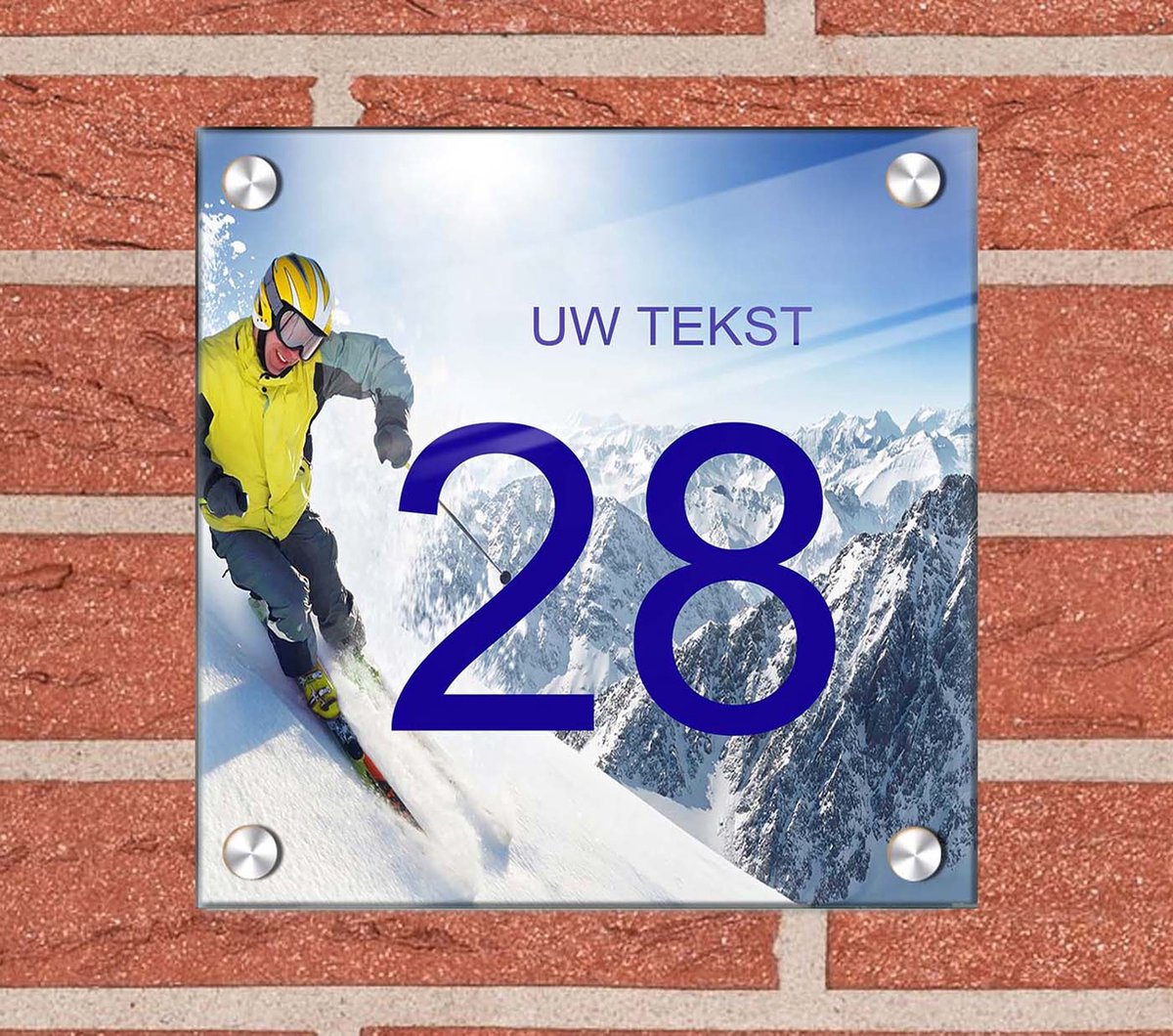 Huisnummer naambord plexiglas20x20x0,5cm Wintersport Ski design - met naam bedrukken Huisnummerbordjes, Naambordje voordeur, naamplaatje voordeur, huisnummer bord, huisnummer borden