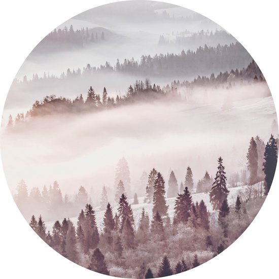 Tizato - Cercle mural Forêt dans la brume – Rose – Sticker mural Cercle Muursticker autocollant – Ø 146 cm