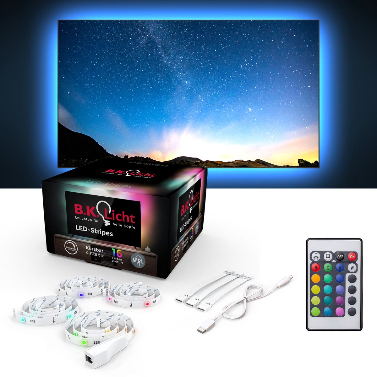 B.K.Licht - LED strip - 2 meter - RGB - Auto USB - afstandsbediening - zelfklevend - voor TV/PC - gaming accesoires
