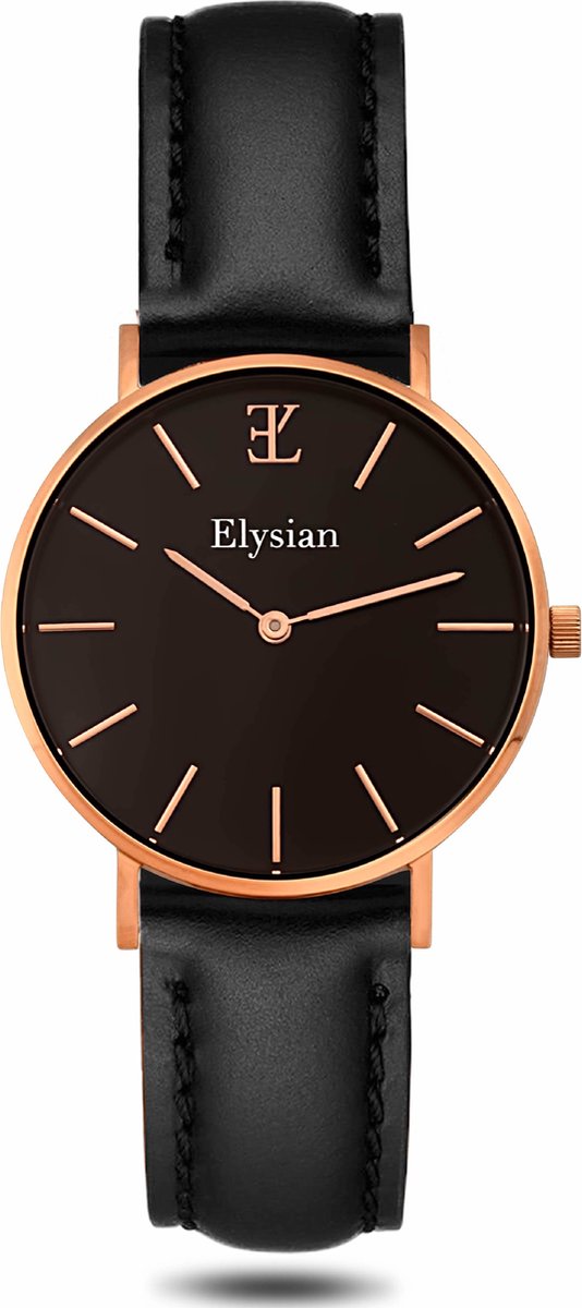 Elysian - Horloge Dames - Rose Goud - Zwart Leer - 36mm - Waterdicht - Cadeau Voor Vrouw
