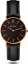 Elysian - Dames Horloge - Rose Goud Zwart Leer - Waterdicht - 36mm