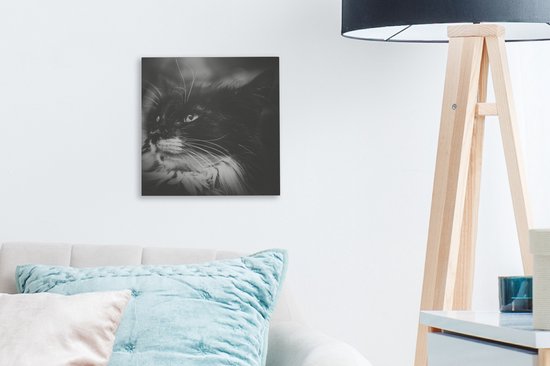 Tableau sur toile Profil animal chat de face en noir et blanc - 20x20 cm - Décoration murale