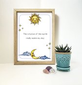 The rotation of the earth really makes my day  - Print A4 - Kleine poster - Decoratie - Interieur - Grappige teksten - Engels - Motivatie - Wijsheden - Liefde - Valentijn - Zon - M