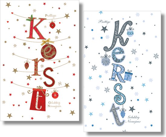 Twee kerstkaarten met de tekst 'Prettige Kerst' en 'Gelukkig Nieuwjaar'. De ene kaart heeft rode en gouden letters en decoraties, de andere blauwe en zilveren.