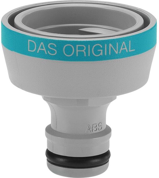 Gardena kraanaansluiting met 'DAS ORIGINAL' tekst en een lichtblauwe band.