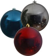 3x stuks grote kerstballen van 20 cm glans van kunststof zilver blauw en rood - Kerstversiering