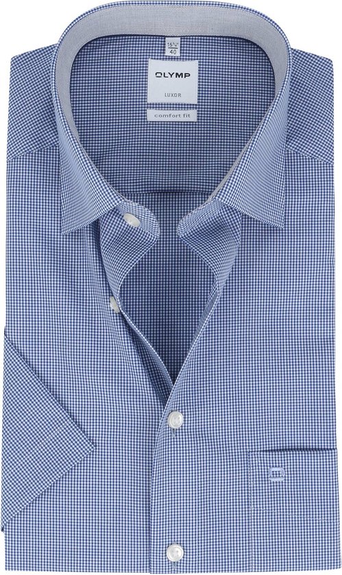 OLYMP Luxor comfort fit overhemd - korte mouw - donkerblauw met wit geruit (contrast) - Strijkvrij - Boordmaat: 42