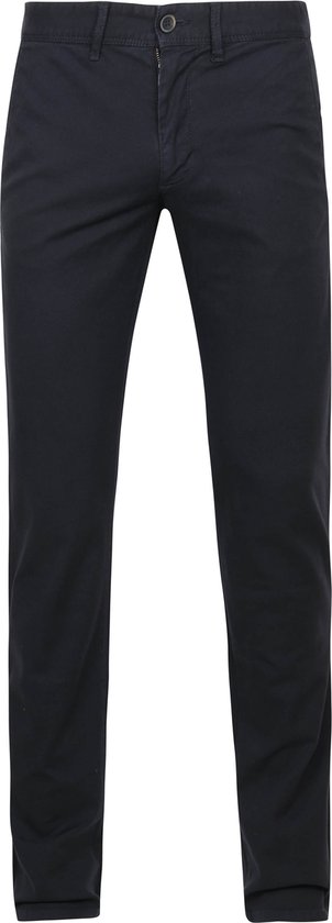 Donkerblauwe chino broek met rechte pijpen en knoopsluiting.