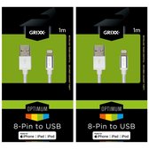 Câble connecteur Grixx Optimum Lightning vers USB - Pack Duo- 1 x 1,0 mètre + 1 x 1,0 mètre - Finition Nylon/ Wit - Heavy Duty - iPhone/ iPad/ iPod