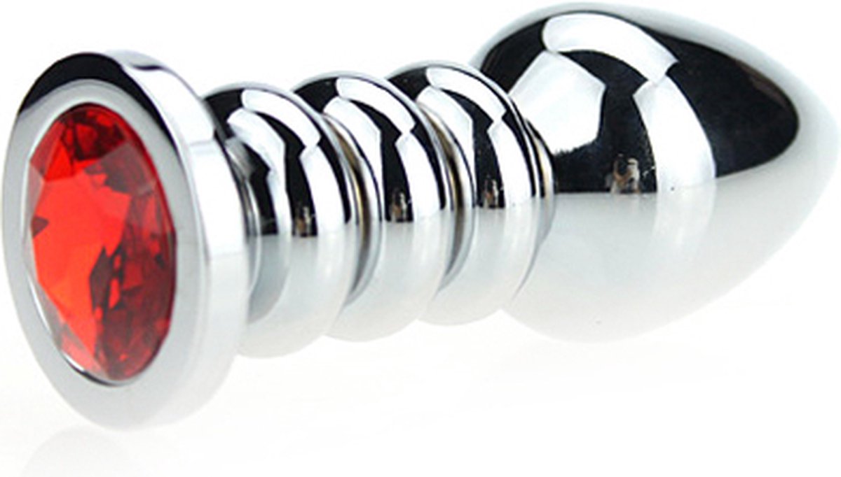 Goedkoopste Buttplug aluminium geribbeld met steen - rood