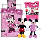 Disney Minnie Mouse Proud - Dekbedovertrek - Eenpersoons - 140 x 200 cm - Polyester- Roze , incl. 2 pluche Poppen Mickey en Minnie 20cm