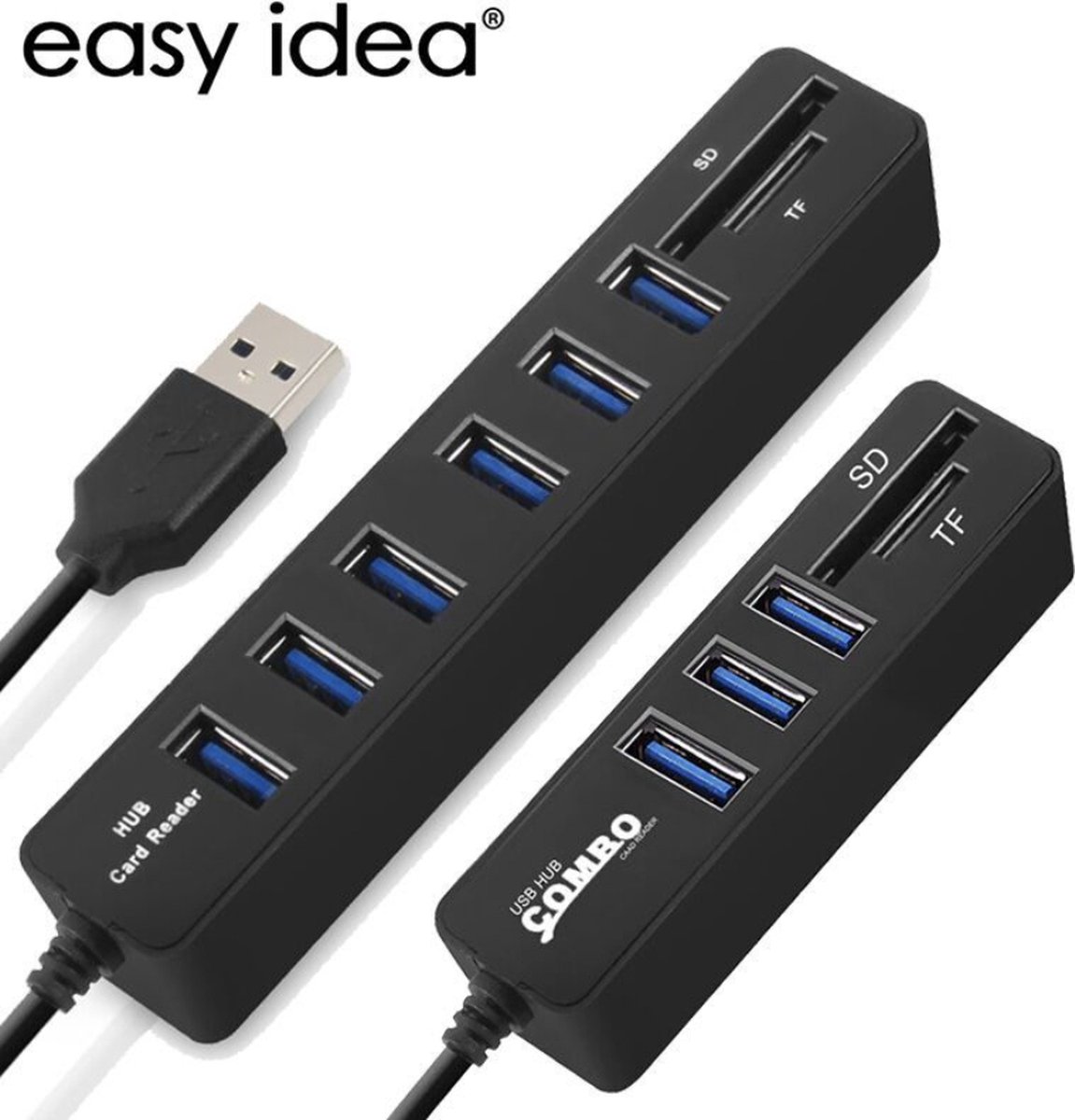 Easyidea USB 2.0 hub– USB splitter – Hub voor pc – SD kaart lezer – 6 poorten - Zwart