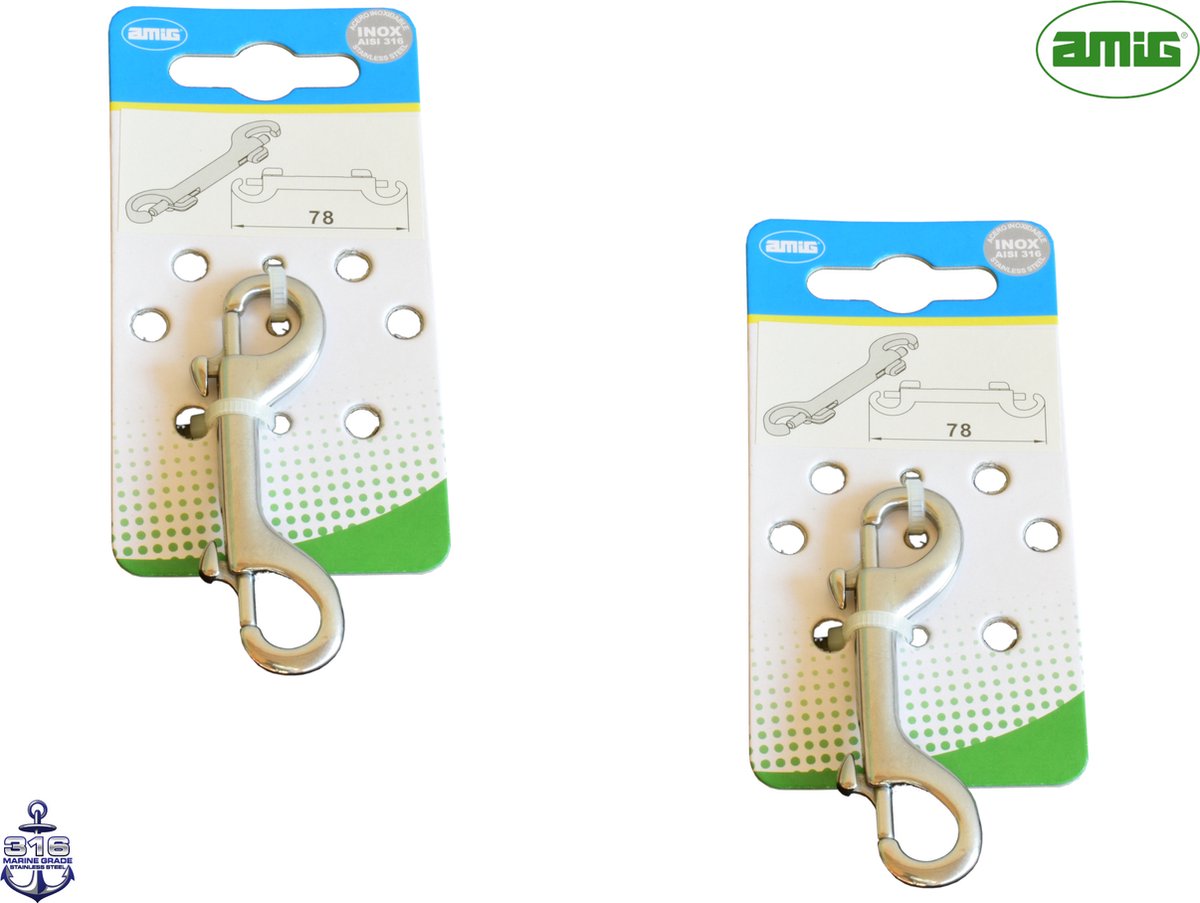 AMIG Dubbele Musketonhaak 78mm – 2 stuks - RVS 316 Marine Kwaliteit – Zeewater en Zuur Bestendig