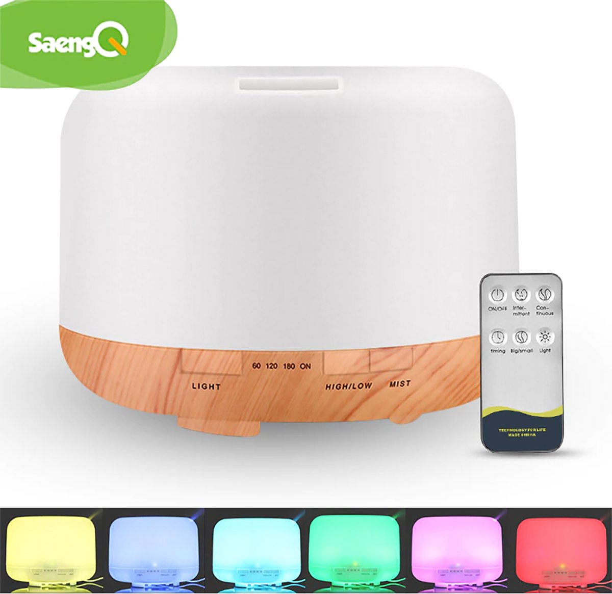 SaengQ® Aroma Diffuser | 300ml | Humidifier | Luchtbevochtiger | Mist | Verdamper | Met Afstandsbediening | LED Verlichting
