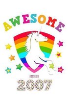 Awesome Since 2007: Unicorn 4 x 4 Quadrille Squared Coordinate Grid Paper Glossy Magical White Cover for Girls Born in '07 Math & Science Exercise Note Book